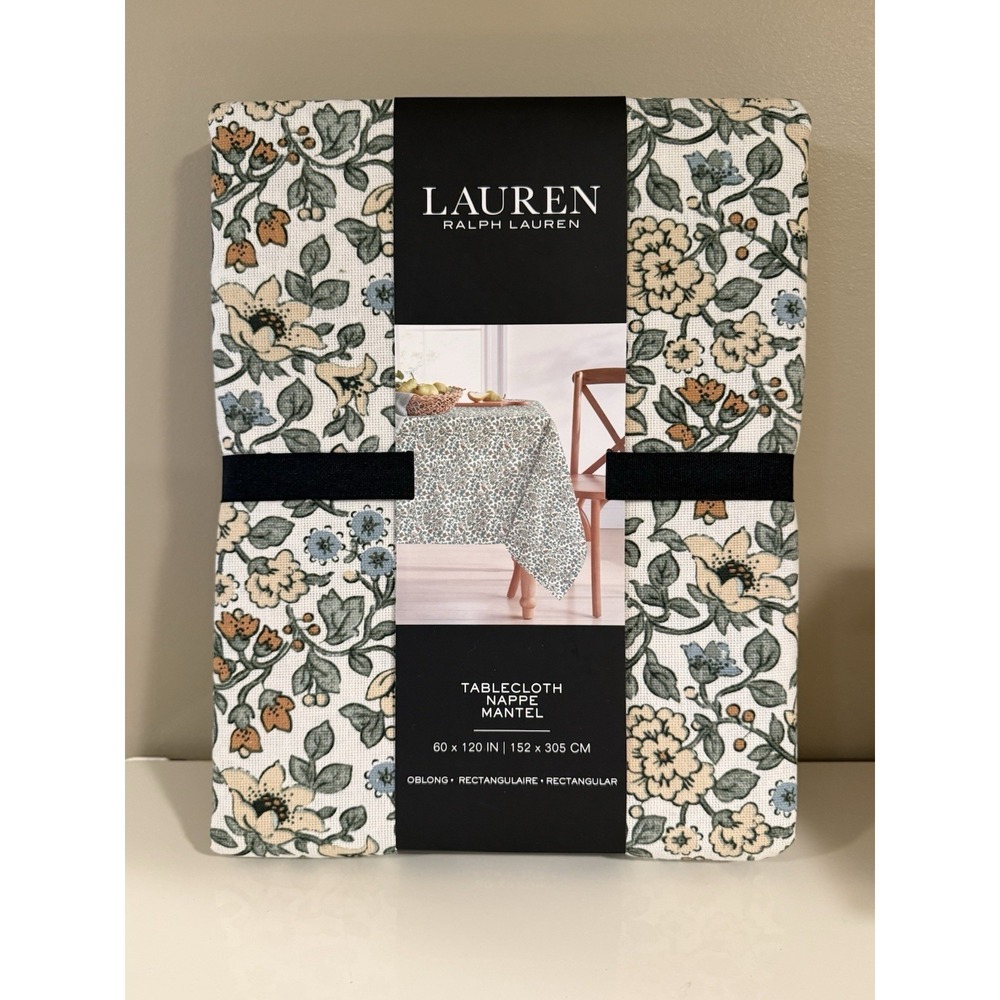 LAUREN RALPH LAUREN TABLECLOTH CREAM YELLOW RUST GREEN 100% COTTON 60‎ x 120 NIP
